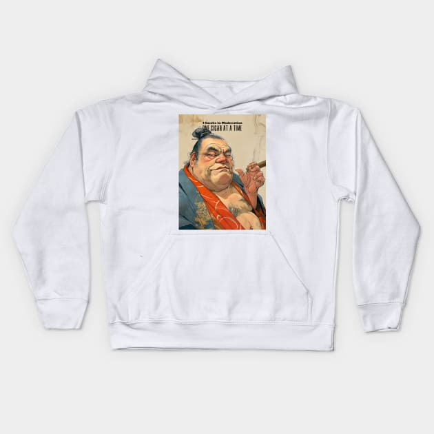 Puff Sumo Smoking a Cigar: "I Smoke Cigars in Moderation; One Cigar at a Time" on a light background Kids Hoodie by Puff Sumo